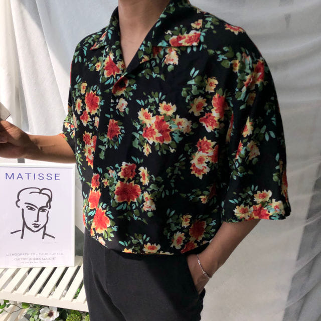 오버핏 하와이안 꽃무늬 반팔셔츠