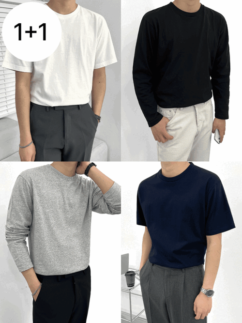 [1+1] 2TYPE(반팔,긴팔) 베이직 레이어드 오버핏 티셔츠 4202, 5160