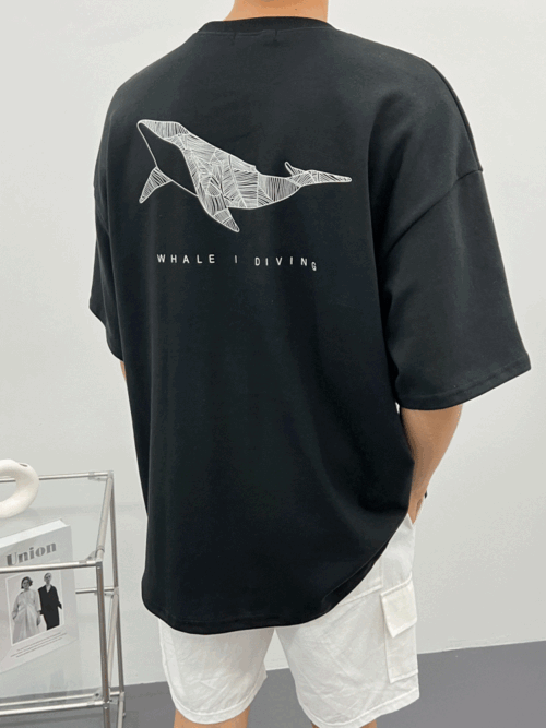 남녀공용 프린팅 다이빙 고래 반팔 티셔츠  4178